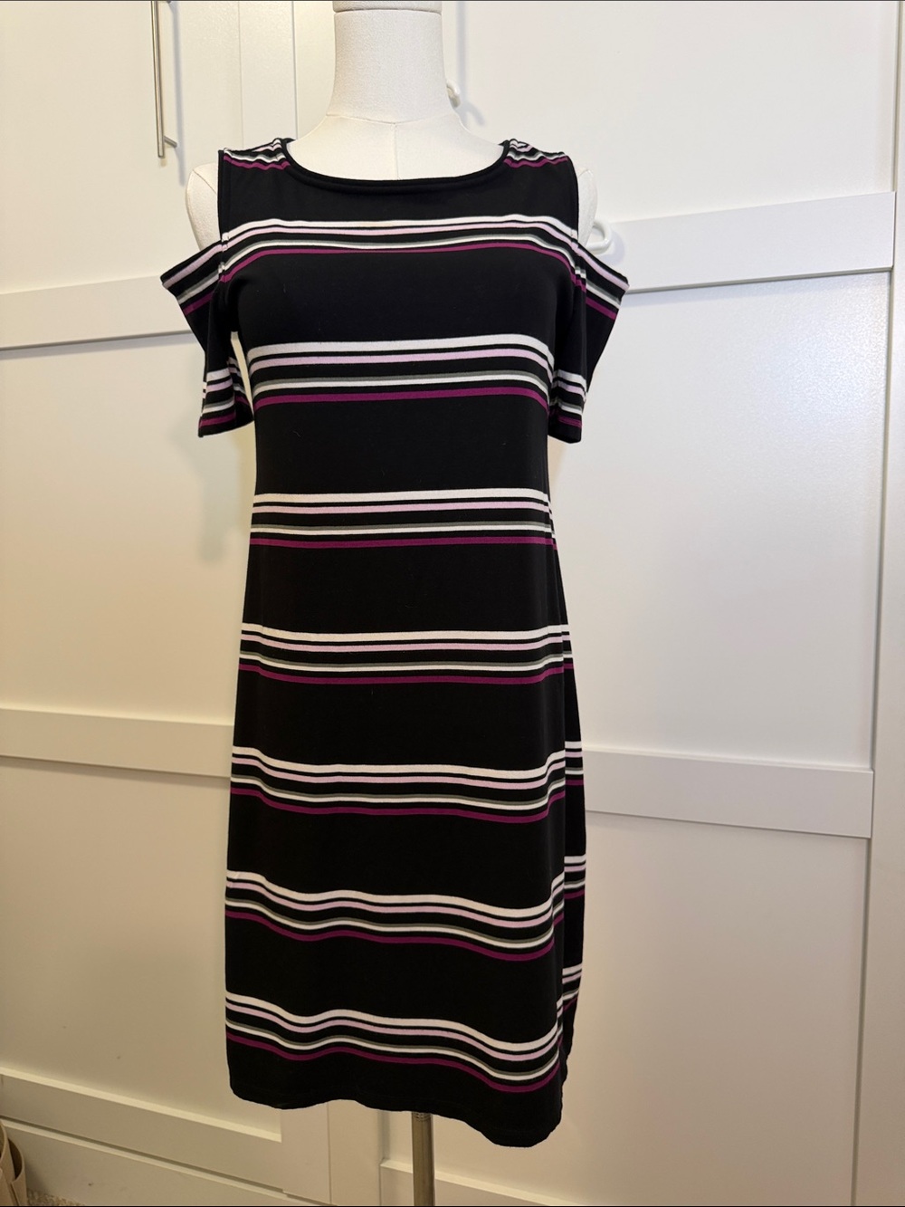 WHBM Cold-Shoulder Black Stripe Dress with Pink and White Accents